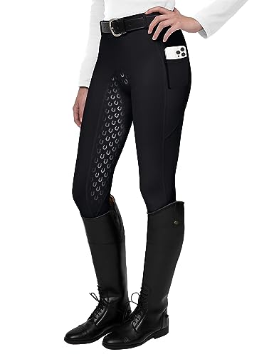 FitsT4 Women's Full Seat Riding Tights Active Silicon Grip Horse Riding Tights Equestrian Breeches Black Size L