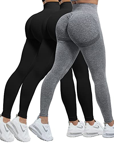 CHRLEISURE 3 Piece Butt Lifting Leggings for Women, Gym Workout Scrunch Butt Seamless Yoga Leggings (2Black,1Gray, M)