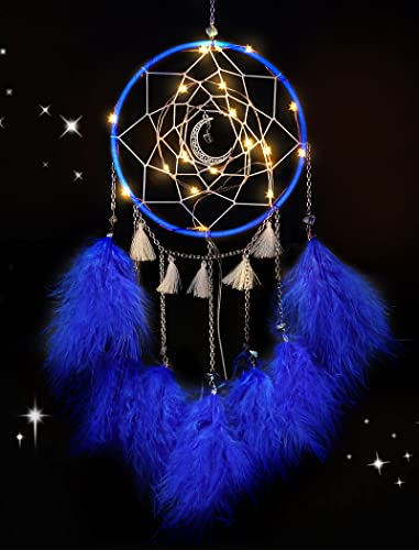 Nice Dream Dark Blue Dream Catchers, Room Nursery Decor for Girls Boys, Handmade Feather Wall Decor with Lights, Home Ornaments Craft Gift for Bedroom