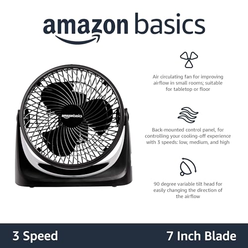 Amazon Basics 3 Speed Small Room Air Circulator Fan, 7-Inch Blade, Black, 6.3"D x 11.1"W x 10.9"H