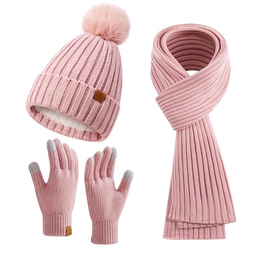 Coolprince Womens Winter Beanie Hat Long Scarf Touchscreen Gloves Set with Fleece Lined Warm Knit Beanie Cap with Pom Pom Neck Scarves Pink