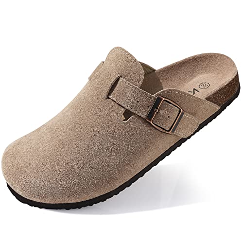 KIDMI Women's Suede Clogs Leather Mules Cork Footbed Sandals Potato Shoes with Arch Support Taupe Size 9-9.5