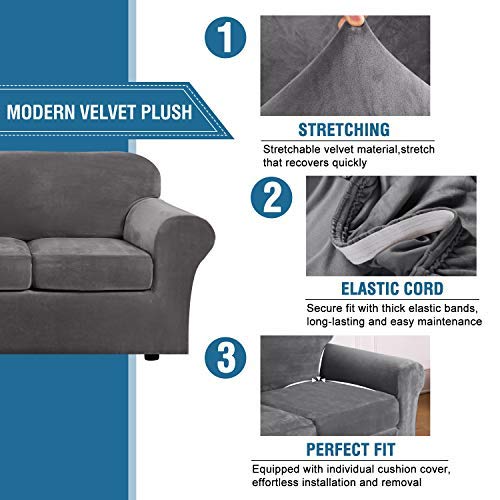 H.VERSAILTEX 4 Pieces Thick Velvet Sofa Covers Couch Covers for 3 Cushion Couch Sofa High Stretch Slipcovers Furniture Protector Form Fit Luxury Couch Cover for Dogs Width Up to 90 Inch(Sofa,Grey)