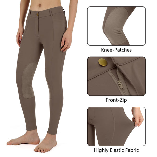 beroy Women Horse Riding Knee-Patches Pants Ladies Equestrian Front-Zip Breeches Legging with Pockets(Sand,M)