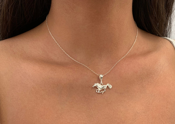 Running Horse Equine Pendant Necklace in Solid Sterling 925 Silver