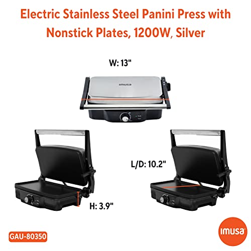 IMUSA Stainless Steel Panini Press Electric with Adjustable Temperature Settings and Nonstick Plates, 1200W