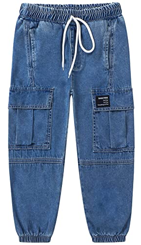 SANGTREE Girls Cargo Pants, Denim Elastic Waist Drawstring Loose Jeans Tapered Multi Pockets Cargo Jogger Pants for Girl,Denim Blue,11-12 Years Toddler = Tag 160