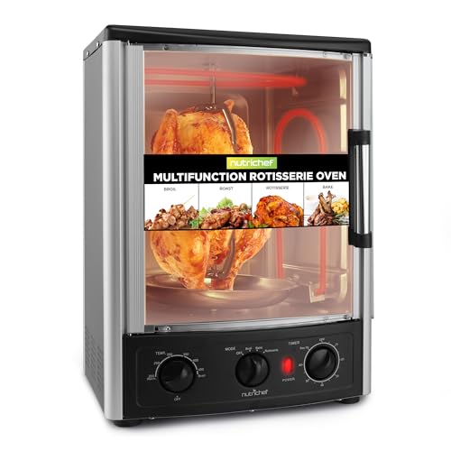 Nutrichef Vertical Countertop Oven with Rotisserie, Bake, Broil, & Kebab Rack Functions - Adjustable Settings - 2 Shelves - 1500W - Thanksgiving Turkey - Includes Grill, Kebab skewer racks & bake pan