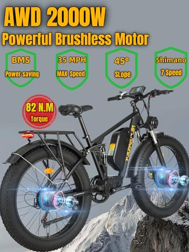 Handsider Electric Bike for Adults, RWD/AWD 2000W Dual Motor Electric Bicycles, 48V 21Ah 7 Speed 35MPH Full Suspension ebike, Front and Rear HDB, 26 * 4.0” Fat Tire ebikes for Adult