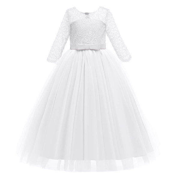 Spring Flower Girl Wedding Bridesmaid 3/4 Sleeves Kids Floral Lace Pageant Communion Princess Dress Prom Evening Dance Gown White 7-8 Years