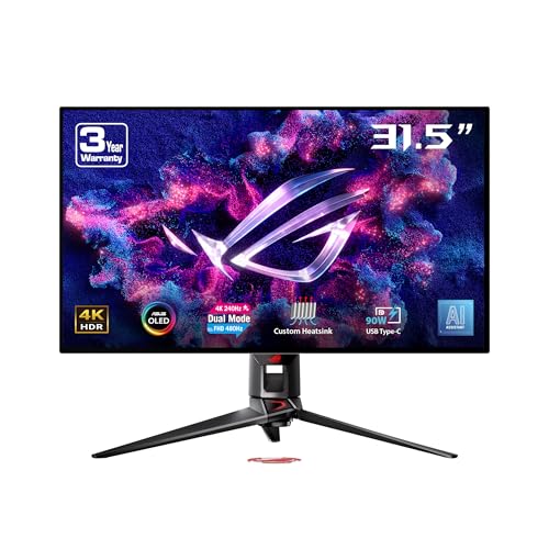 ASUS ROG Swift 32” 4K OLED Gaming Monitor (PG32UCDP) - WOLED, Dual Mode (4K 240Hz, FHD 480Hz), 0.03ms, G-SYNC Compatible, Custom Heatsink, AI Gaming, 99% DCI-P3,True 10-bit, USB-C 90W, 3yr Warranty