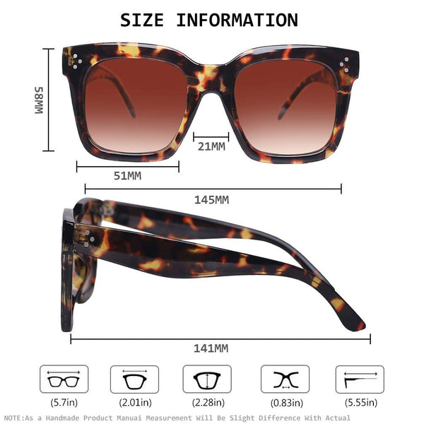 TAOTAOQI Vintage Women Oversized Sunglasses Designer Luxury Square Sun Glasses UV400 Protection Flat Lens (Tortoise Frame Gradient Brown Lens)