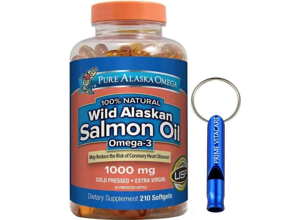 Pure Alaska Omega-3 Wild Alaskan Salmon Oil 1000mg 210 ct + Bundle with VITACARE Emergency Whistle Keychain for Ourdoor