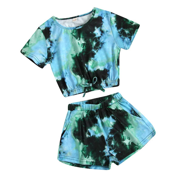 Little Girls Tie-Dye Print Clothes Round Collar Short Sleeve Pullover Top+Elastic Waist Shorts Pants 2Pcs Summer Outfits
