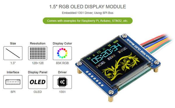 waveshare 1.5inch RGB OLED Display Module for Raspberry Pi/Jetson Nano/Arduino/STM32, 128x128 Pixels,16-bit High Color (65K Colors) SPI Interface