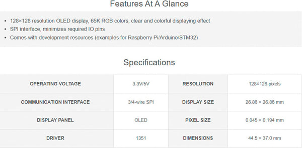 waveshare 1.5inch RGB OLED Display Module for Raspberry Pi/Jetson Nano/Arduino/STM32, 128x128 Pixels,16-bit High Color (65K Colors) SPI Interface