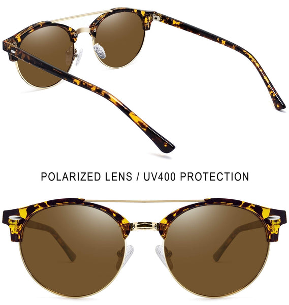 Joopin Leopard Semi Rimless Round Sunglasses Brown Polarized Sun Glasses UV400 Protection Tortoise Double Bridge Shades for Women Men Shady Rays