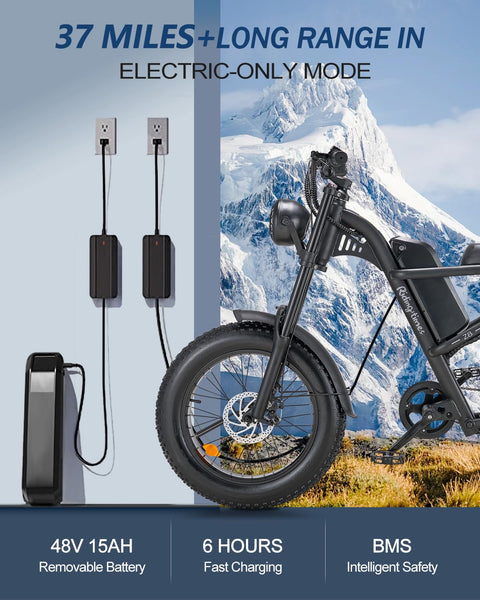 Riding'times 1500W Moped Style Electric Bike, 20 Inch Fat Tire & 6-Layer Full Suspension Ebike, Up to 28MPH & 75 Miles, 15.6AH Removable Battery, All-Terrain E Bike for Mountains, Snow, Sand, Road