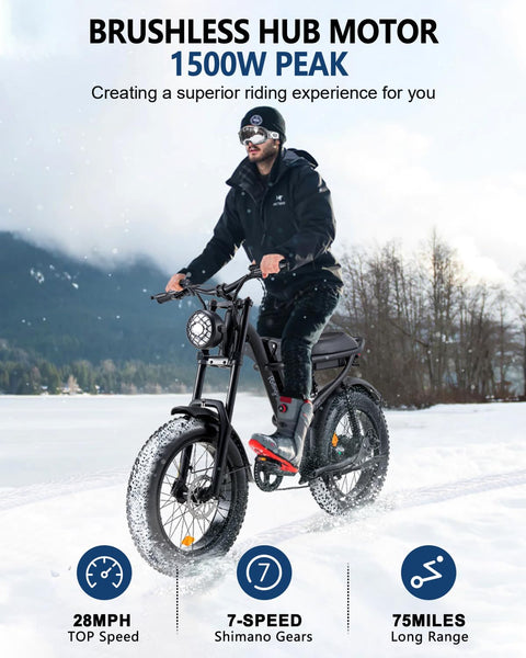 Riding'times 1500W Moped Style Electric Bike, 20 Inch Fat Tire & 6-Layer Full Suspension Ebike, Up to 28MPH & 75 Miles, 15.6AH Removable Battery, All-Terrain E Bike for Mountains, Snow, Sand, Road