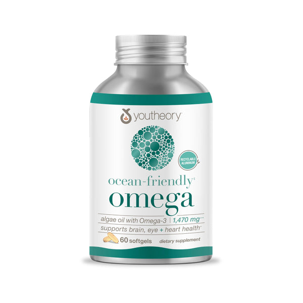 Youtheory Ocean Friendly Omega, Algae Oil with Omega-3, Plant-Based Omega, Vegan Omega, Supports Brain, Eye, and Heart Health, 60 Softgels