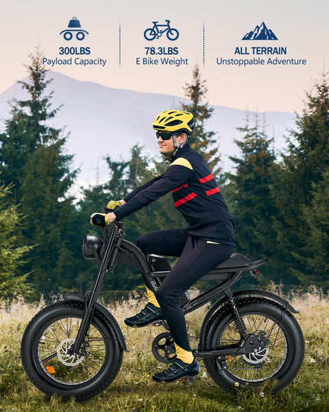 Riding'times 1500W Moped Style Electric Bike, 20 Inch Fat Tire & 6-Layer Full Suspension Ebike, Up to 28MPH & 75 Miles, 15.6AH Removable Battery, All-Terrain E Bike for Mountains, Snow, Sand, Road