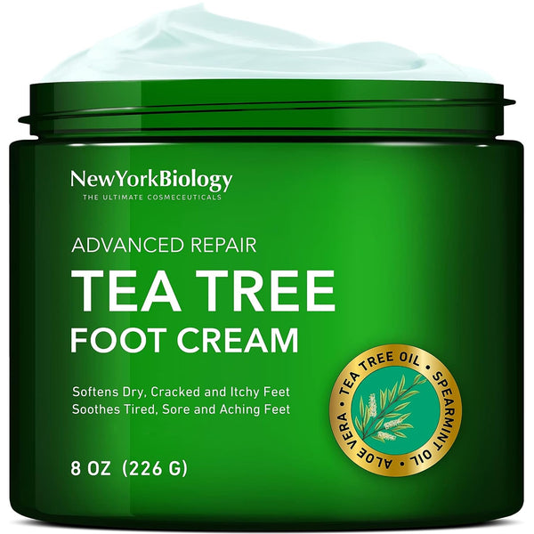 New York Biology Tea Tree Oil Foot Cream for Dry Cracked Feet, Athletes Foot, Nail Fungus, Jock Itch, Ringworm, Cracked Heels and Itchy Skin - Foot Cream - 8 oz