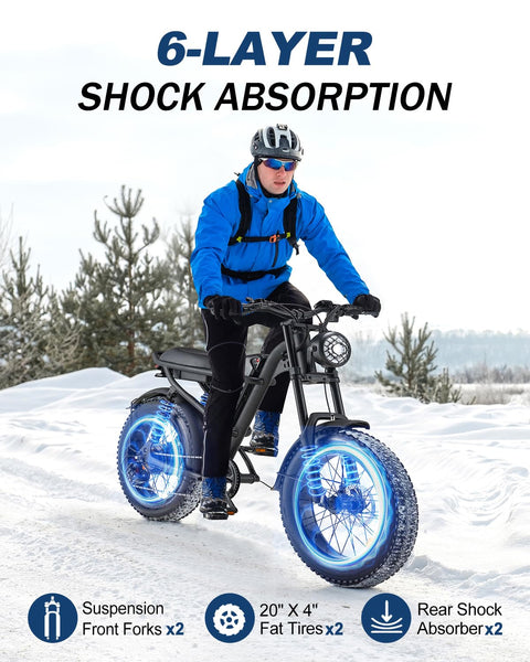 Riding'times 1500W Moped Style Electric Bike, 20 Inch Fat Tire & 6-Layer Full Suspension Ebike, Up to 28MPH & 75 Miles, 15.6AH Removable Battery, All-Terrain E Bike for Mountains, Snow, Sand, Road