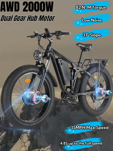 Electric Bike for Adults, Powerful 2000W Dual Motor 35 MPH 48V 22.4Ah 7 Speed AWD Ebike, Electric Mountain Bicycle with 26" Fat Tire MTB,Dual Hydraulic Full Suspension ebike V3 pro