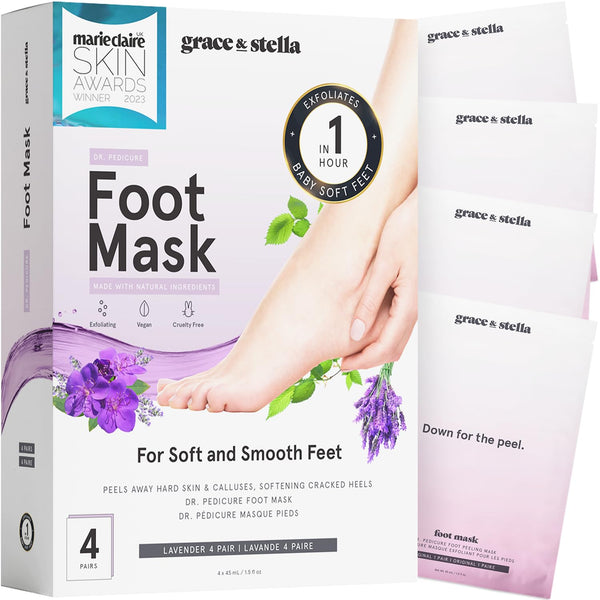grace & stella Award-Winning Foot Peeling Mask - Foot Peel Masks (4 Pairs, Lavender) - Moisturizing Foot Masks That Remove Dead Skin, Exfoliating Foot Mask for Dry Cracked Feet, Feet Peeling Mask