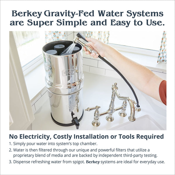 Go Berkey Water Filter Kit with 1 Qt. Berkey Gravity Fed Water Filter System, Berkey Sport Bottle and Black Berkey Primer