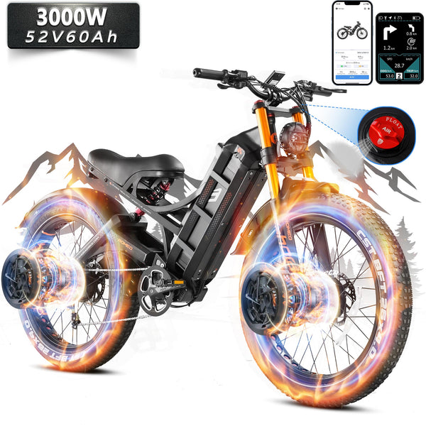 eAhora Romeo Pro Ⅱ 3000W Electric Bike for Adults, 52V 60AH Long Range Electric Bike 120+Miles, 44MPH Dual Motor Ebike, 26 * 4.0 Fat Tire Electric Mountain Bike Full Suspension, UL2849 Certified