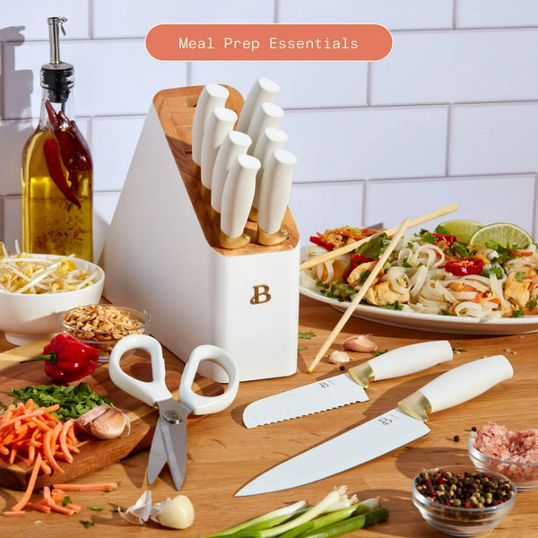 12 Piece Beautiful Knife Block Set with Soft-Grip Ergonomic Handles White and Gold by Drew Barrymore