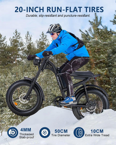 Riding'times 1500W Moped Style Electric Bike, 20 Inch Fat Tire & 6-Layer Full Suspension Ebike, Up to 28MPH & 75 Miles, 15.6AH Removable Battery, All-Terrain E Bike for Mountains, Snow, Sand, Road