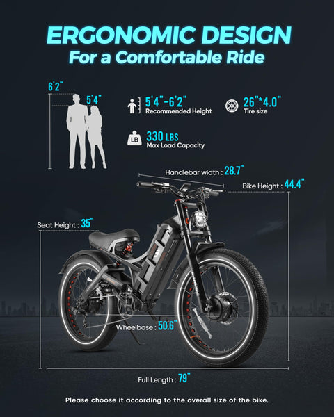 eAhora Romeo Pro Ⅱ 3000W Electric Bike for Adults, 52V 60AH Long Range Electric Bike 120+Miles, 44MPH Dual Motor Ebike, 26 * 4.0 Fat Tire Electric Mountain Bike Full Suspension, UL2849 Certified