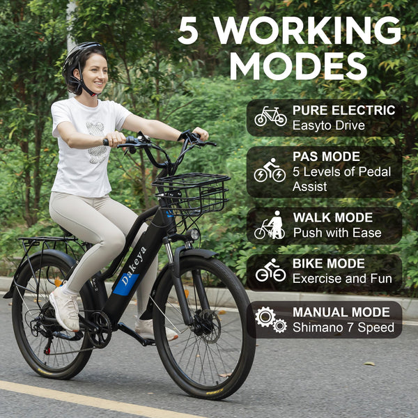 Dakeya Electric Bike for Adults, 30 mph City Ebikes for Adults with Basket, 750W 1200W Peak Ebikes for Women 7 Speed, Adult Electric Bicycle with 48V 10.5Ah Removable Battery 26" Mountain E Bike