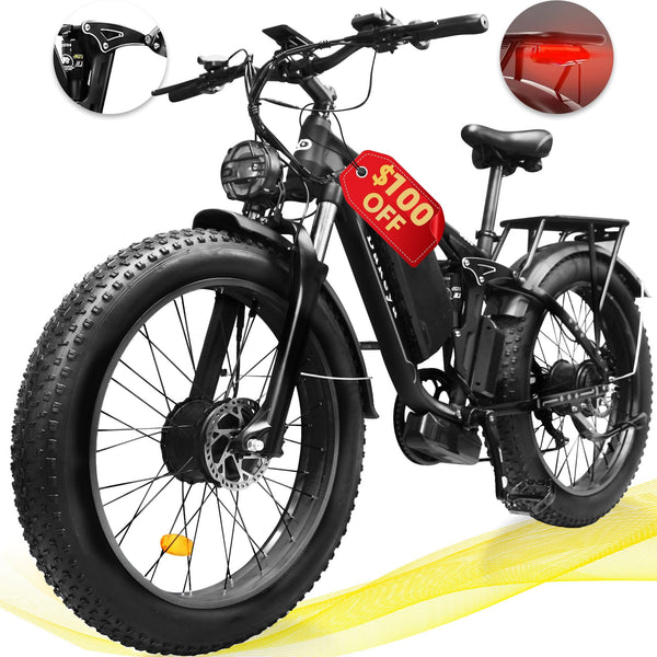 Dakeya Ebikes Dual Motor, Electric Bike for Adults, 2000w Fat Tire Ebike 35mph Dual Motor Electric Bike with Removable 48v, All Terrain Ebikes for Adults, Full Suspension 26" Awd E Bike 22.4ah Battery