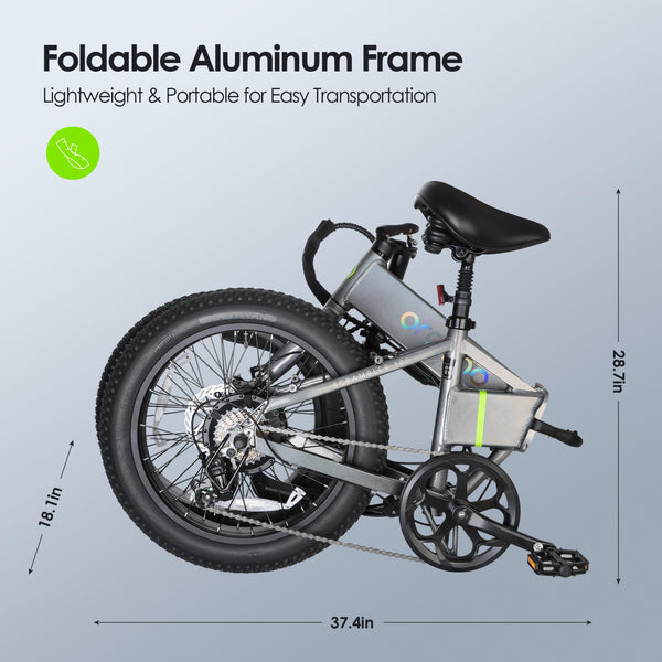 Oraimo 750W-1000W Electric Bike for Adults, 557Wh UL-Listed Hidden Battery Up to 45 Miles, 3A Fast Charge, 20" Fat Tire Folding E-Bike, Shimano 7 Speed, LCD Display, Optical Flare