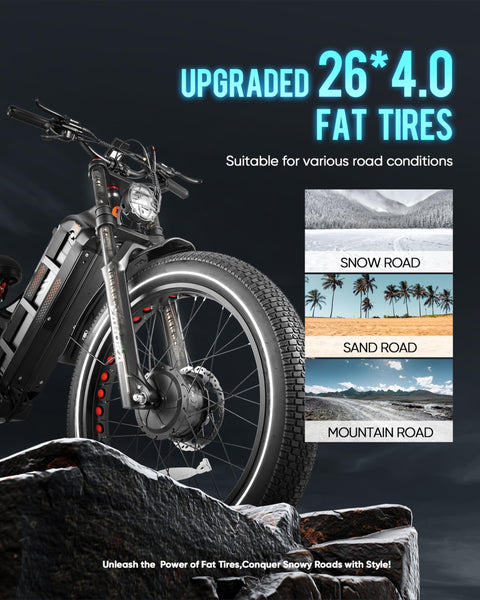 eAhora Romeo Pro Ⅱ 3000W Electric Bike for Adults, 52V 60AH Long Range Electric Bike 120+Miles, 44MPH Dual Motor Ebike, 26 * 4.0 Fat Tire Electric Mountain Bike Full Suspension, UL2849 Certified