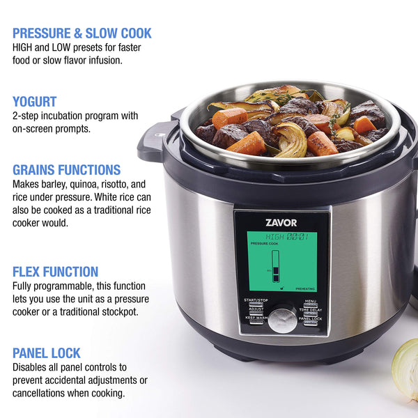 Zavor LUX LCD 8 Quart Programmable Electric Multi-Cooker: Pressure Cooker, Slow Cooker, Rice Cooker, Yogurt Maker, Steamer and More - Stainless Steel (ZSELL03)