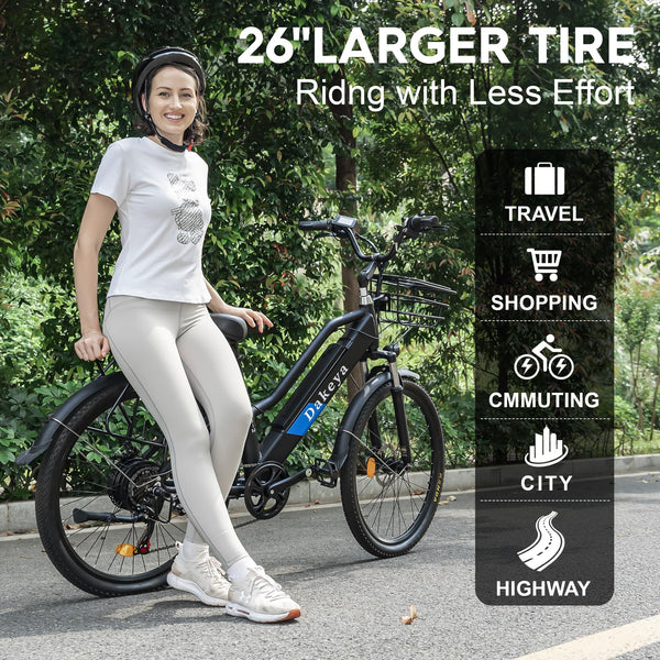 Dakeya Electric Bike for Adults, 30 mph City Ebikes for Adults with Basket, 750W 1200W Peak Ebikes for Women 7 Speed, Adult Electric Bicycle with 48V 10.5Ah Removable Battery 26" Mountain E Bike