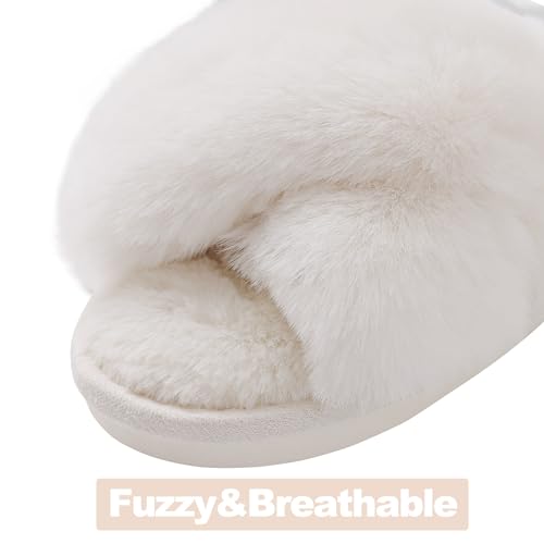 Evshine Women's Fuzzy Slippers Cross Band Memory Foam House Slippers Open Toe Indoor Outdoor Shoes, White, 38-39 (Size 7-8)