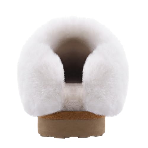 Litfun Fuzzy House Slippers for Women Fluffy Memory Foam Suede Slippers with Faux Fur Collar Indoor Outdoor, Brown, Size 7.5-8