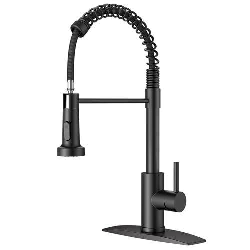 FORIOUS Black Kitchen Faucet, Kitchen Faucets with Pull Down Sprayer, Commercial Industrial Spring Pull Out Kitchen Sink Faucet, Single Handle High Arc Sink Faucets for Farmhouse Laundry Utility Room