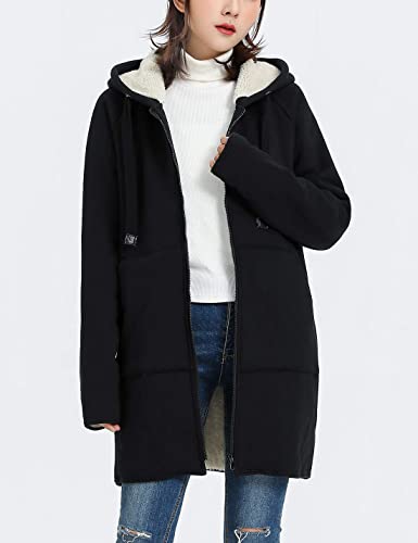 Gihuo Women's Winter Coat Sherpa Lined Zip Hoodie Long Sweatshirt (Black, Large)