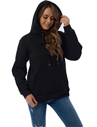 Haellun Womens Casual Winter Warm Fleece Sherpa Lined Pullover Hooded Sweatshirt (Black, Medium)