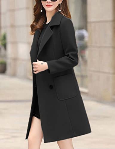 Bankeng Women Winter Wool Blend Camel Mid-Long Coat Notch Double-Breasted Lapel Jacket Outwear (Large, Black)