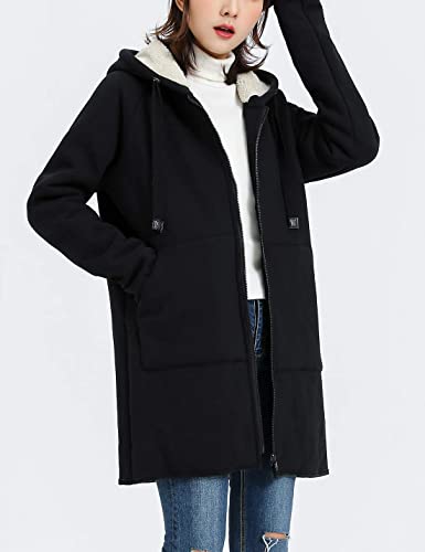 Gihuo Women's Winter Coat Sherpa Lined Zip Hoodie Long Sweatshirt (Black, Large)
