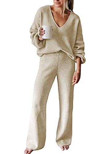 Viottiset Women's 2 Piece Outfits Casual V Neck Knit Wide Leg Sweater Lounge Set Sweatsuit Apricot Small