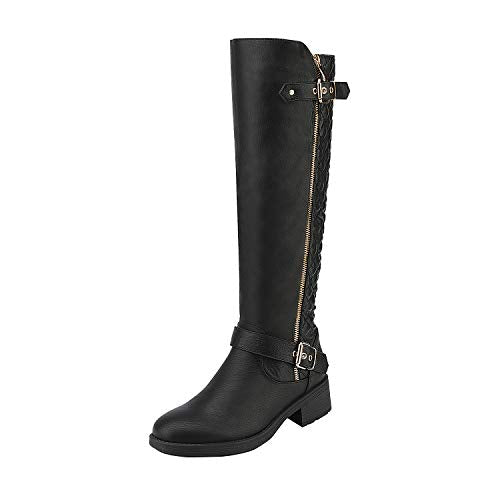 DREAM PAIRS Women's Wide Calf Knee High Boots, Low Stacked Heel Riding Boots, Black-wide-u, Size 8.5 Utah-w