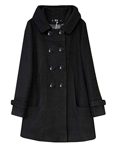 Tanming Women's Warm Double Breasted Wool Pea Coat Trench Coat Jacket with Hood (Black-M)